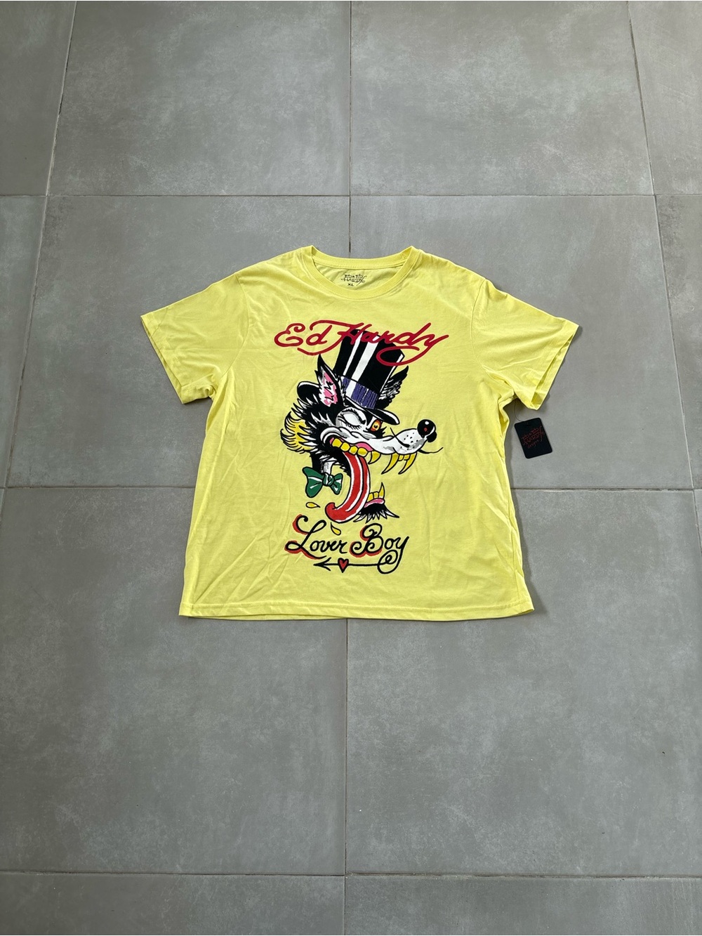 Ed Hardy Yellow Graphic 'Lover Boy' Tee with Wolf Motif